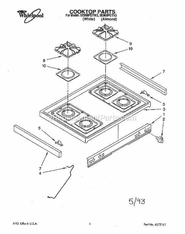 Whirlpool SE960PEYN3 Gas Range Cooktop Parts Diagram