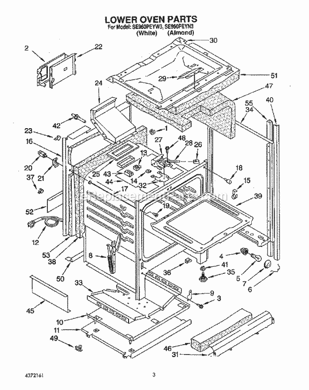 Whirlpool SE960PEYN3 Gas Range Lower Oven Diagram