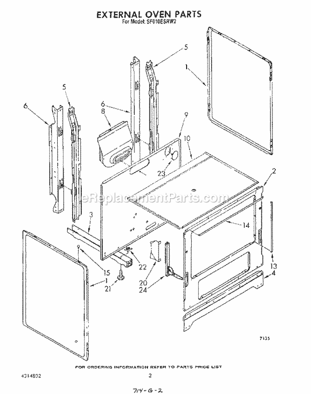 Whirlpool SF010ESRW2 Gas Range External Oven Diagram