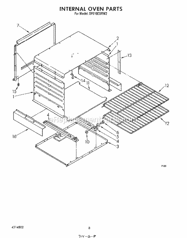 Whirlpool SF010ESRW2 Gas Range Internal Oven Diagram