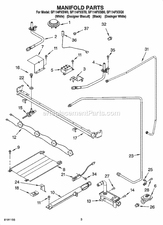 Whirlpool SF114PXSQ0 Freestanding Gas Range Manifold Parts Diagram