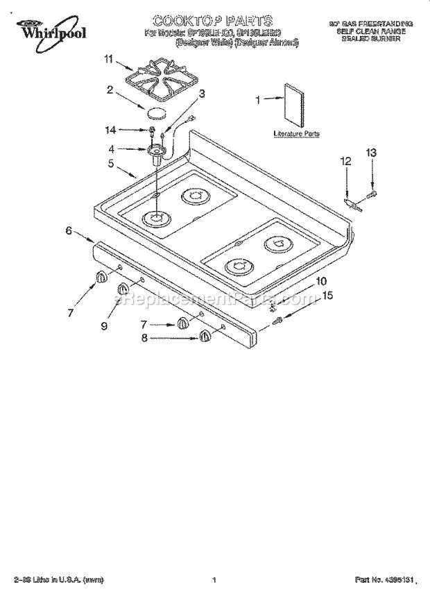 Whirlpool SF195LEHQ0 Freestanding Gas Range Cooktop, Literature Diagram