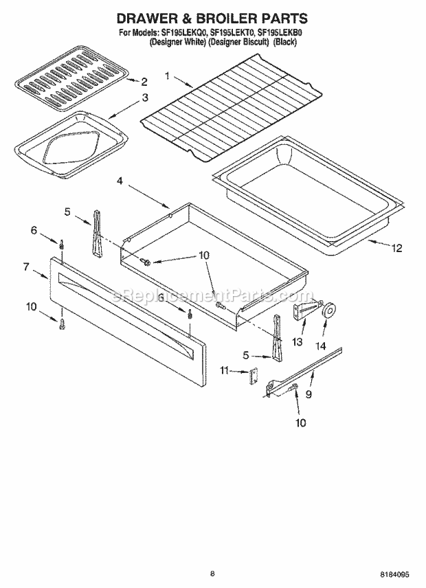 Whirlpool SF195LEKB0 Freestanding Gas Range Drawer & Broiler Diagram