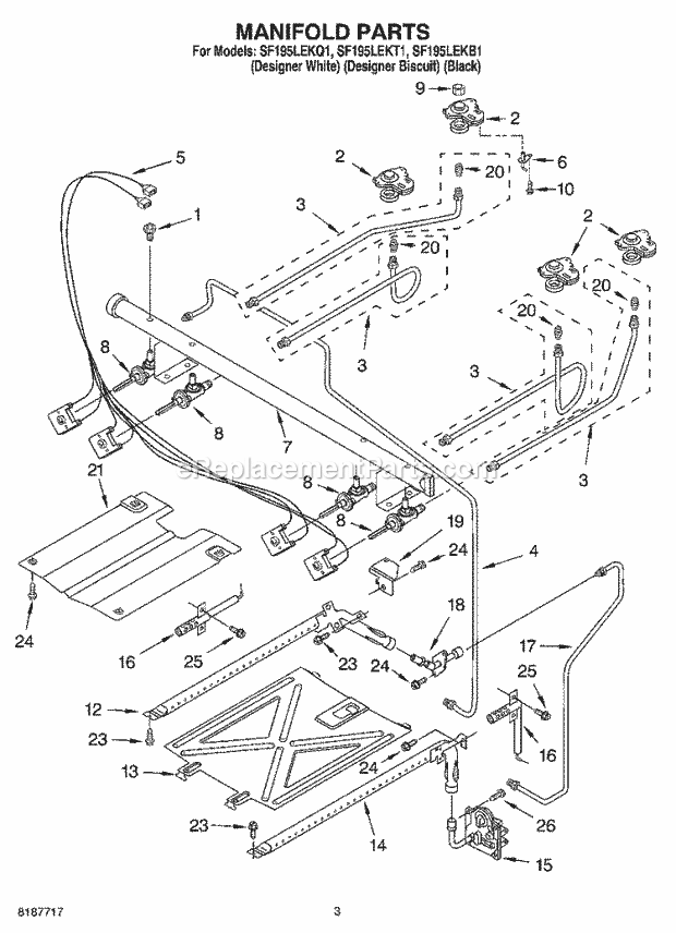 Whirlpool SF195LEKB1 Freestanding Gas Range Manifold Parts Diagram