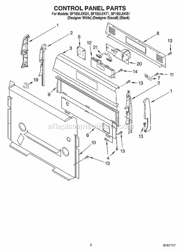 Whirlpool SF195LEKQ1 Freestanding Gas Range Control Panel Parts Diagram