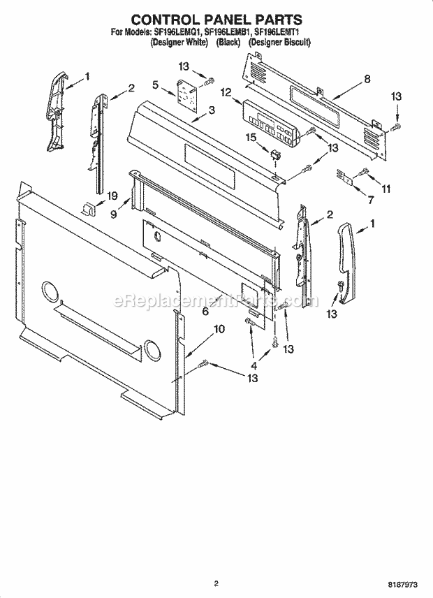 Whirlpool SF196LEMB1 Freestanding Gas Range Control Panel Parts Diagram