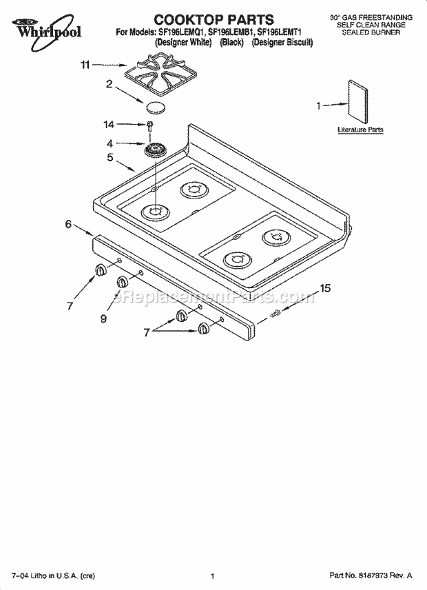 Whirlpool SF196LEMB1 Freestanding Gas Range Cooktop Parts Diagram