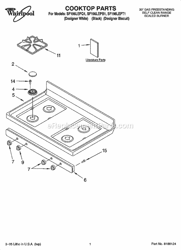 Whirlpool SF196LEPB1 Freestanding Gas Range Cooktop Parts Diagram