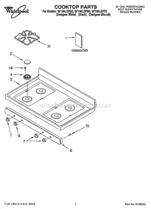 Whirlpool SF196LEPQ0 Freestanding Gas Range Cooktop Parts Diagram