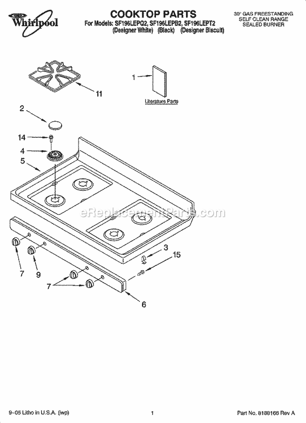 Whirlpool SF196LEPQ2 Freestanding Gas Range Cooktop Parts Diagram