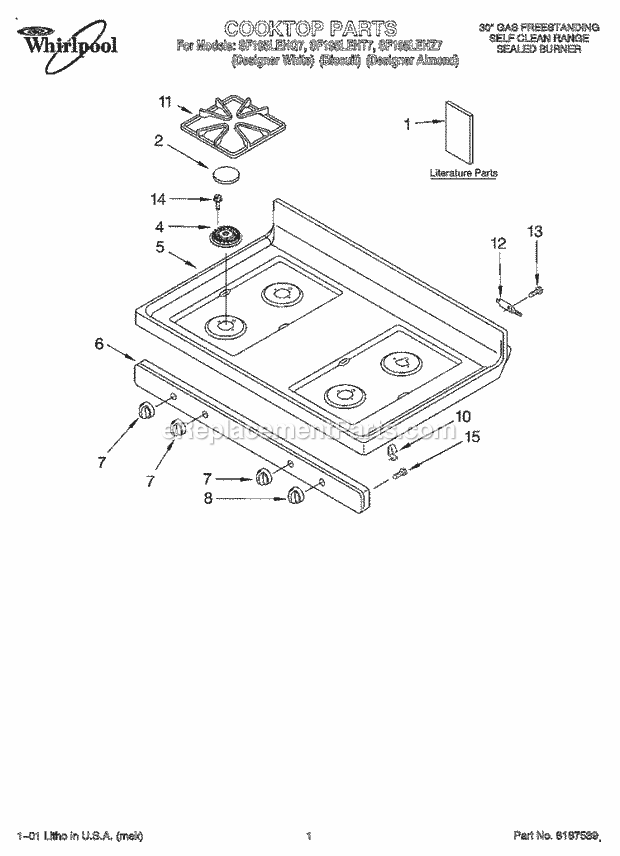 Whirlpool SF197LEHZ7 Freestanding Gas Range Cooktop, Literature Diagram