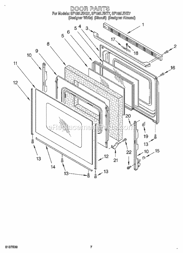 Whirlpool SF197LEHZ7 Freestanding Gas Range Door Diagram