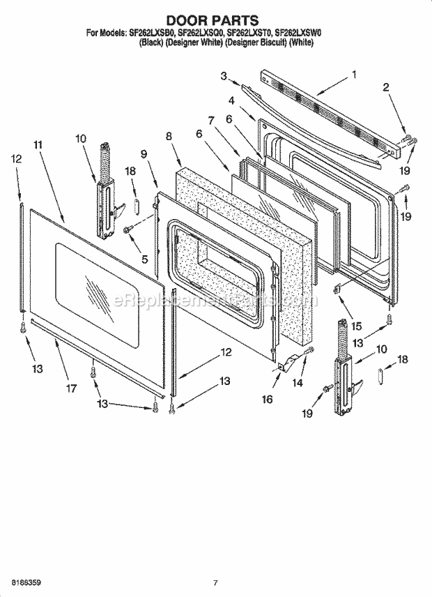 Whirlpool SF262LXSB0 Freestanding Gas Range Door Parts Diagram