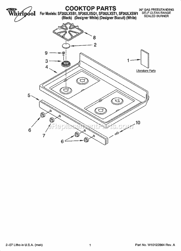 Whirlpool SF262LXSB1 Freestanding Gas Range Cooktop Parts Diagram