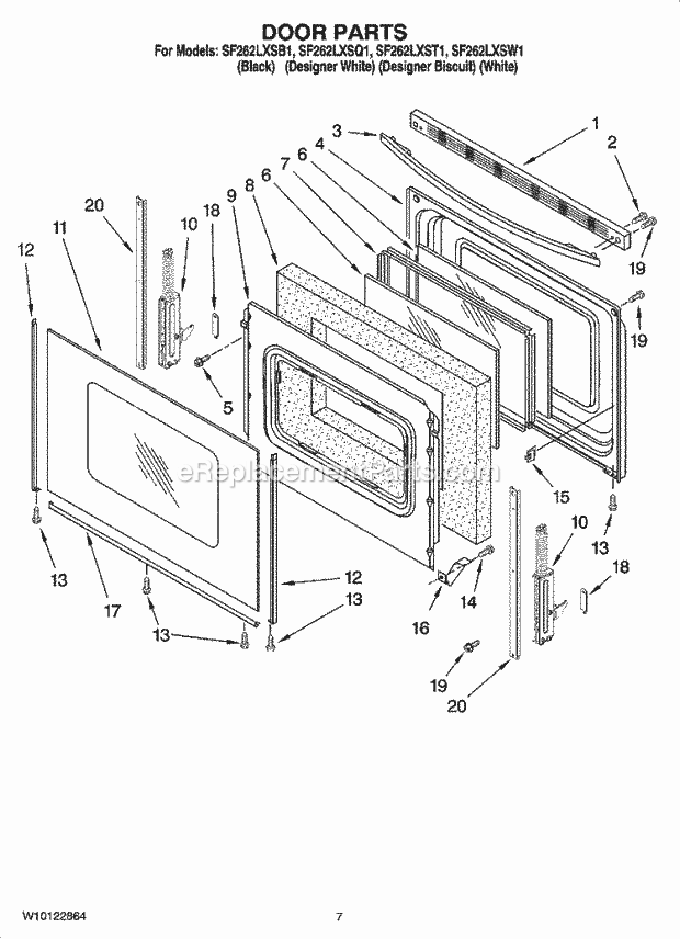 Whirlpool SF262LXSB1 Freestanding Gas Range Door Parts Diagram