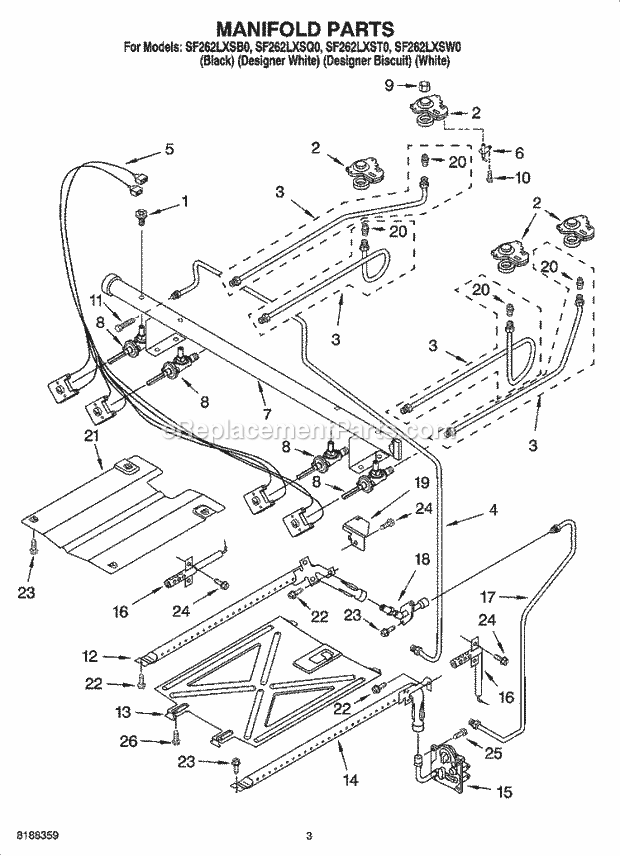 Whirlpool SF262LXSQ0 Freestanding Gas Range Manifold Parts Diagram