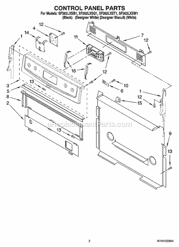 Whirlpool SF262LXST1 Freestanding Gas Range Control Panel Parts Diagram