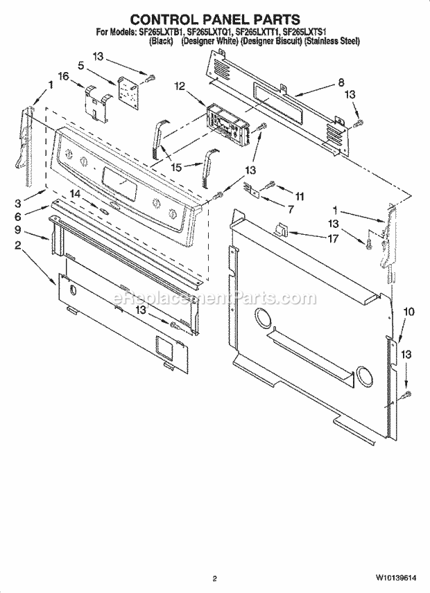 Whirlpool SF265LXTB1 Freestanding Gas Range Control Panel Parts Diagram