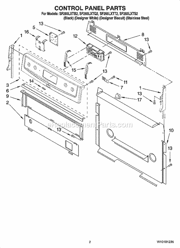 Whirlpool SF265LXTB2 Freestanding Gas Range Control Panel Parts Diagram