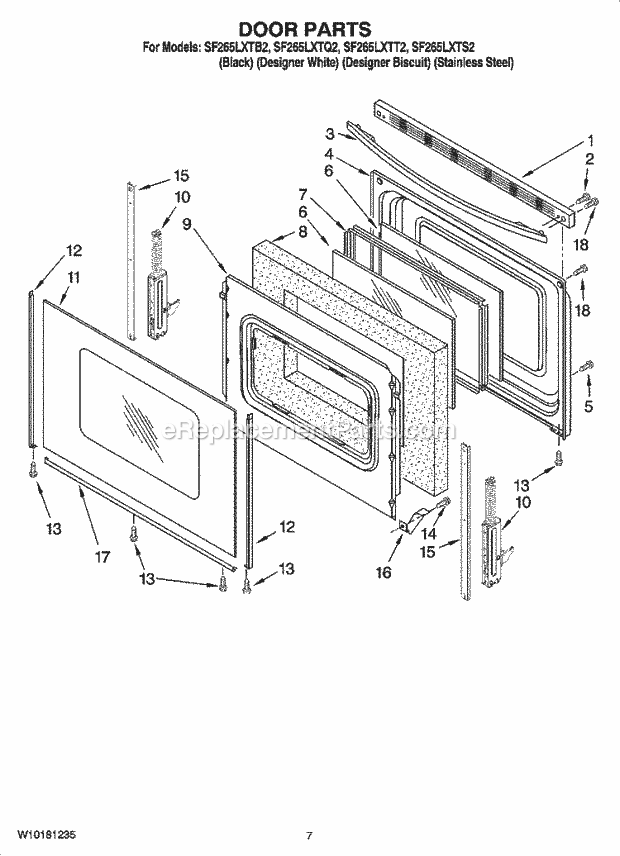 Whirlpool SF265LXTB2 Freestanding Gas Range Door Parts Diagram