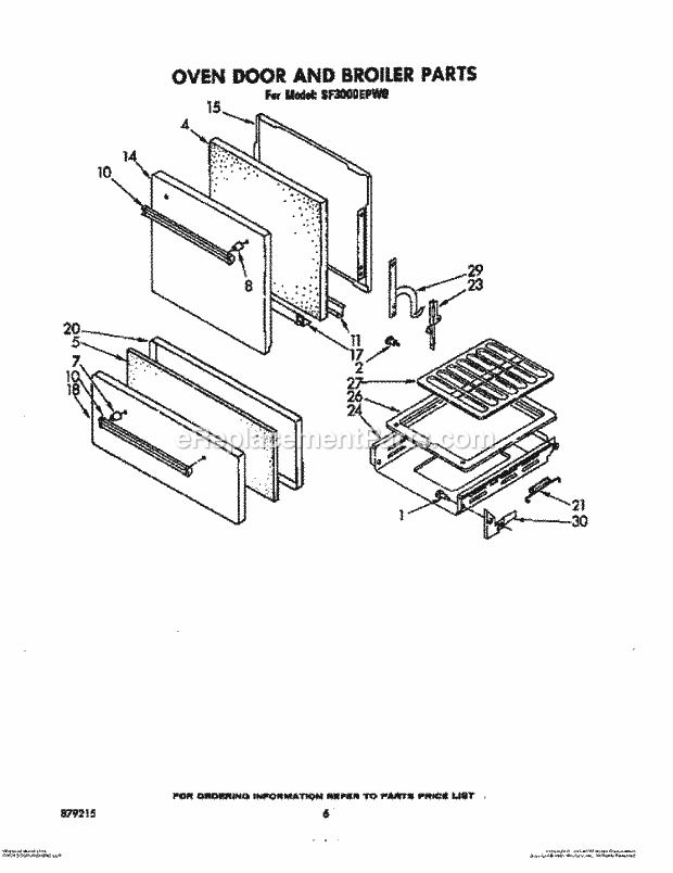 Whirlpool SF3000EPW0 Gas Range Oven Door and Broiler Diagram
