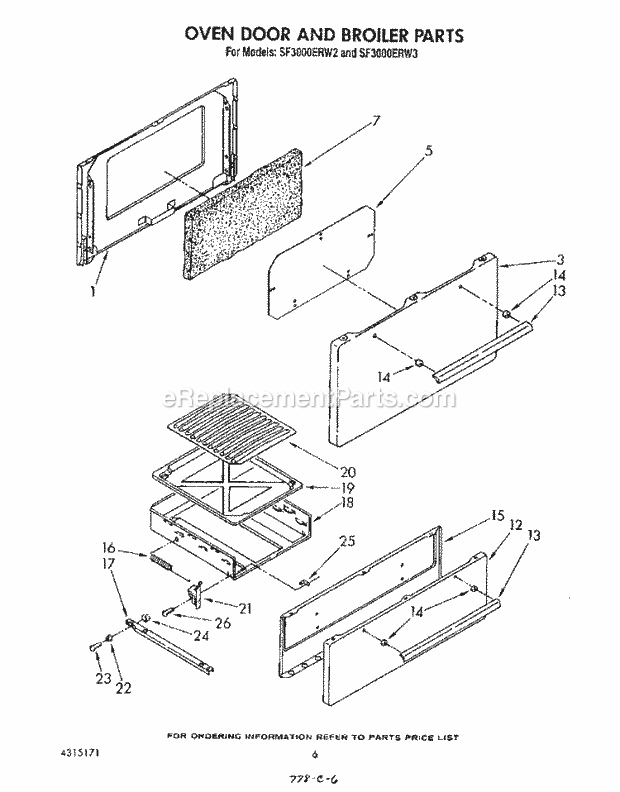 Whirlpool SF3000ERW2 Gas Range Oven Door and Broiler Diagram