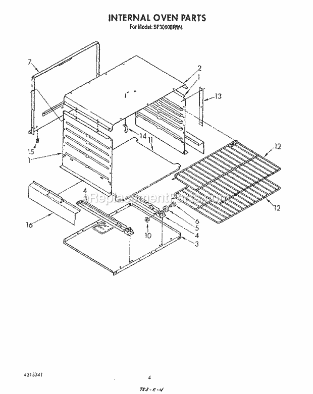 Whirlpool SF3000ERW4 Gas Range Internal Oven Diagram