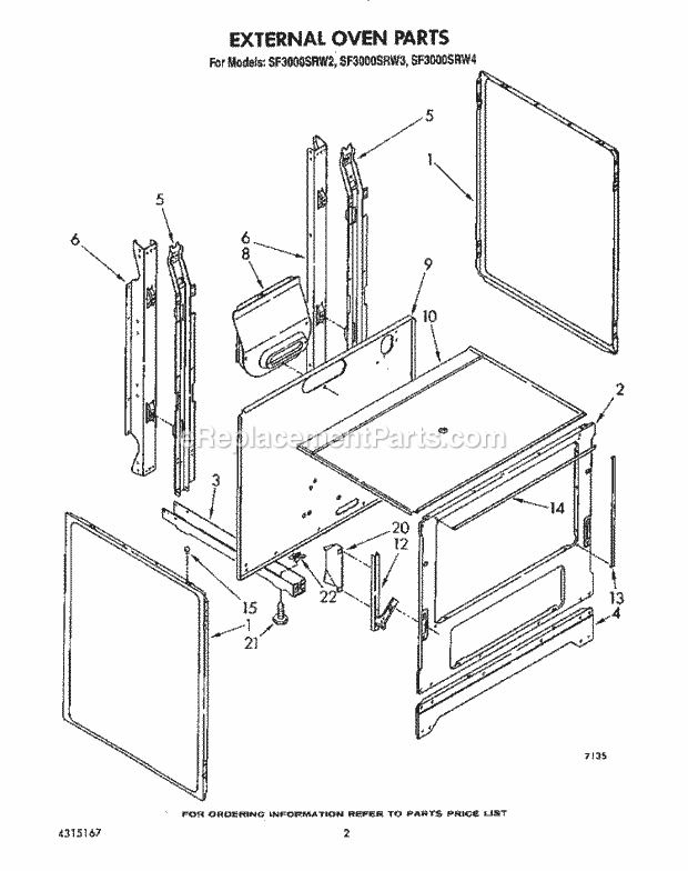 Whirlpool SF3000SRW2 Gas Range External Oven Diagram