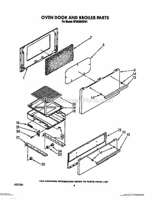 Whirlpool SF3000SWW1 Gas Range Oven Door and Broiler Diagram