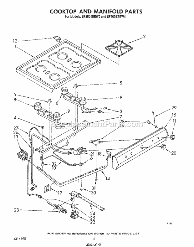 Whirlpool SF3001SRW4 Gas Range Cooktop and Manifold , Literature and Optional Diagram