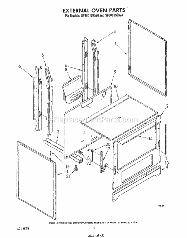 Whirlpool SF3001SRW4 Gas Range External Oven Diagram