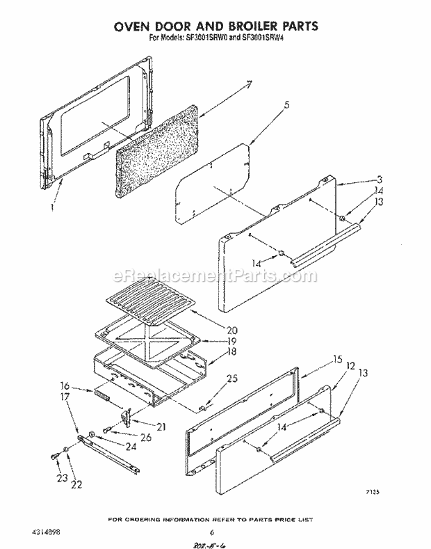 Whirlpool SF3001SRW4 Gas Range Oven Door and Broiler Diagram