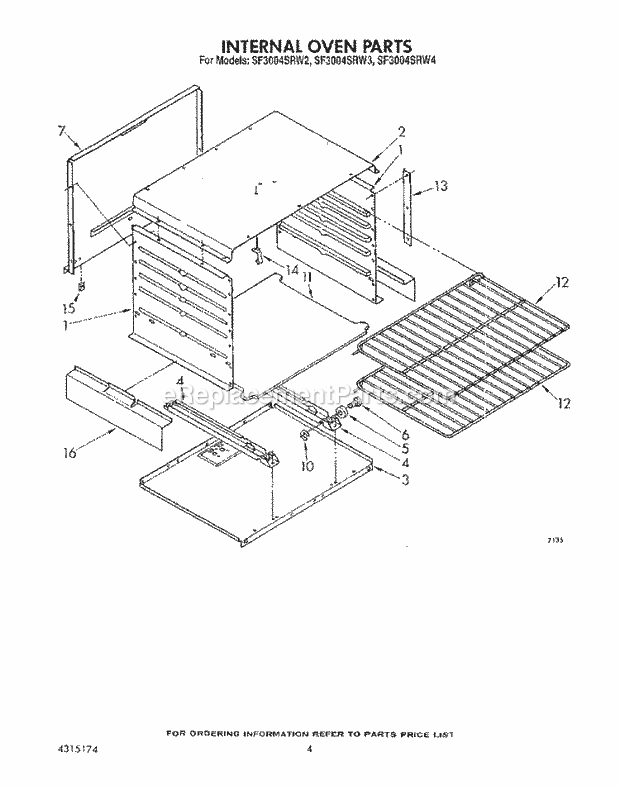 Whirlpool SF3004SRW4 Gas Range Internal Oven Diagram