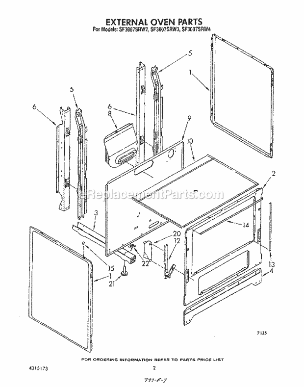 Whirlpool SF3007SRW2 Gas Range External Oven Diagram