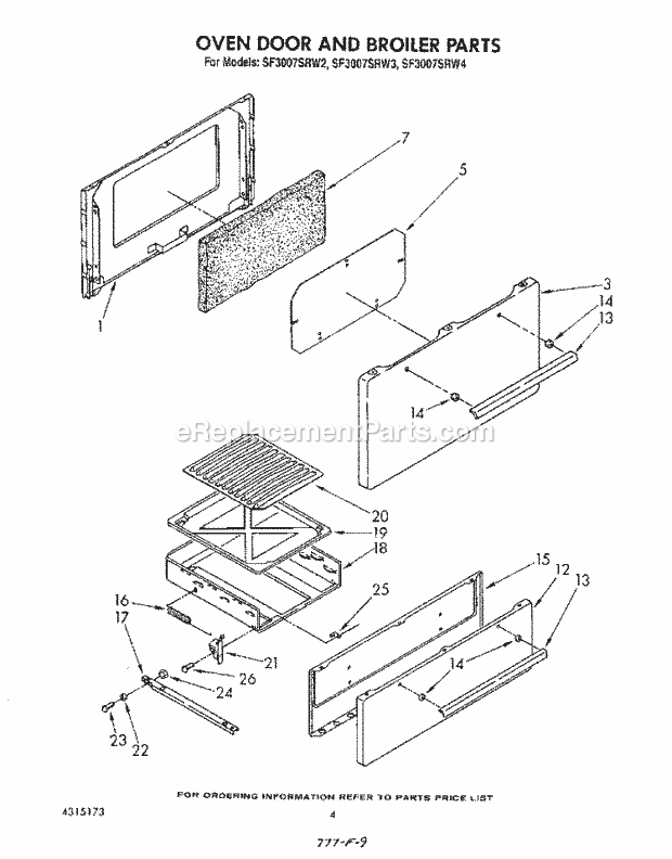 Whirlpool SF3007SRW2 Gas Range Oven Door and Broiler Diagram