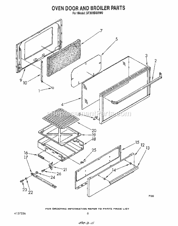 Whirlpool SF300BSRW0 Gas Range Oven Door and Broiler Diagram