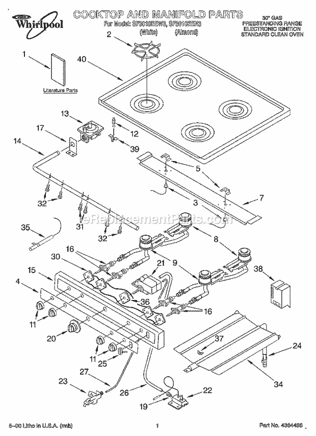 Whirlpool SF3010EEW3 Freestanding Gas Range Cooktop and Manifold, Literature Diagram