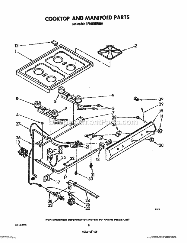 Whirlpool SF301BERW0 Gas Range Cooktop and Manifold, Lit/Optional Diagram