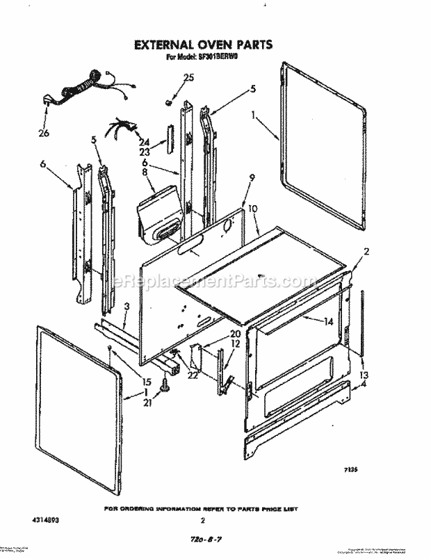 Whirlpool SF301BERW0 Gas Range External Oven Diagram