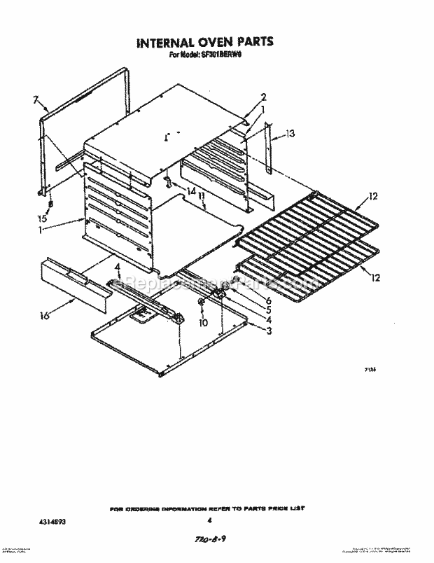 Whirlpool SF301BERW0 Gas Range Internal Oven Diagram