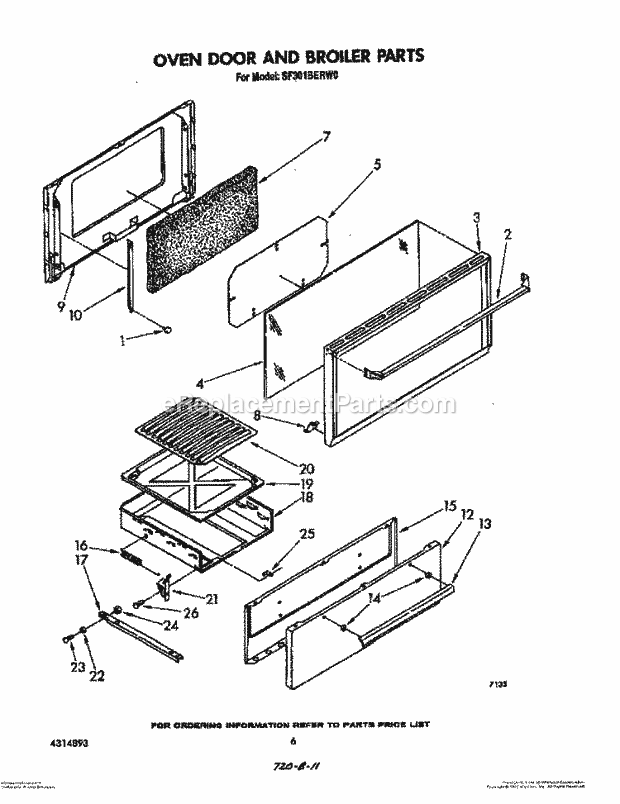 Whirlpool SF301BERW0 Gas Range Oven Door and Broiler Diagram