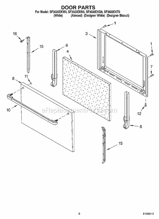 Whirlpool SF3020EKN0 Freestanding Gas Range Door Diagram