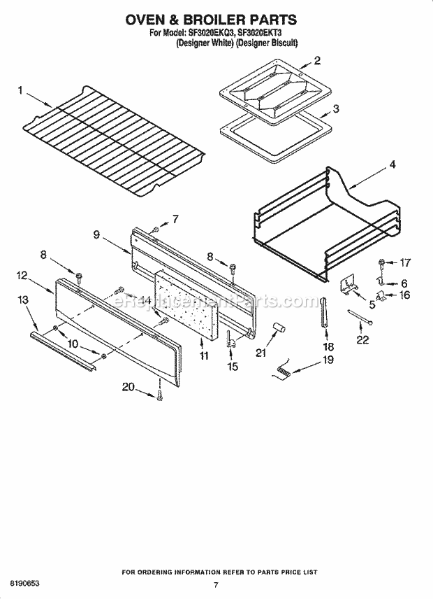 Whirlpool SF3020EKT3 Freestanding Gas Range Oven & Broiler Parts Diagram