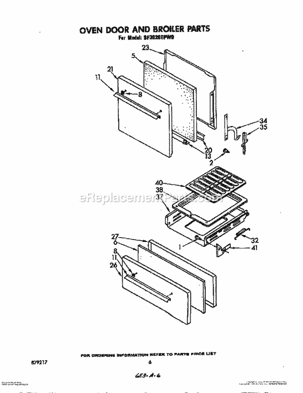 Whirlpool SF3020EPW0 Gas Range Oven Door and Broiler Diagram