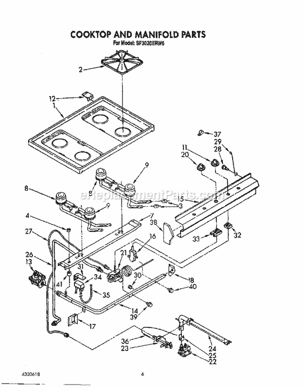 Whirlpool SF3020ERN6 Gas Range Cooktop and Manifold, Lit/Optional Diagram