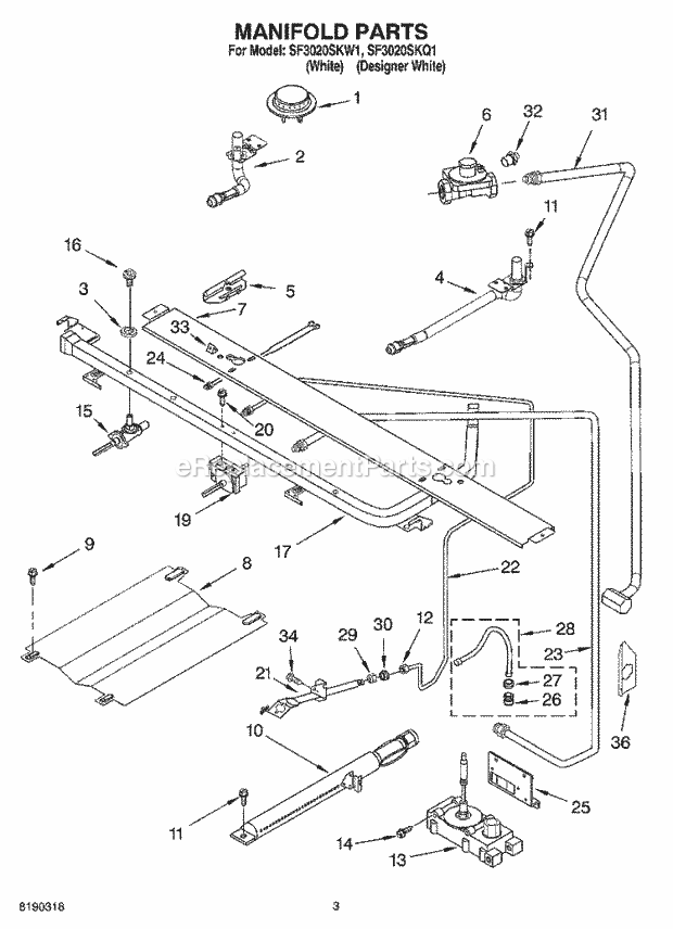 Whirlpool SF3020SKQ1 Freestanding Gas Range Manifold Parts Diagram