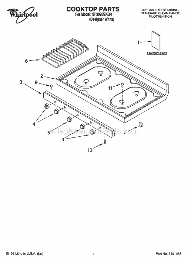 Whirlpool SF3020SKQ4 Freestanding Gas Range Cooktop Parts Diagram