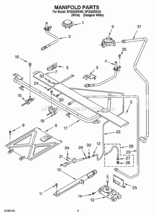 Whirlpool SF3020SKW0 Freestanding Gas Range Manifold Diagram