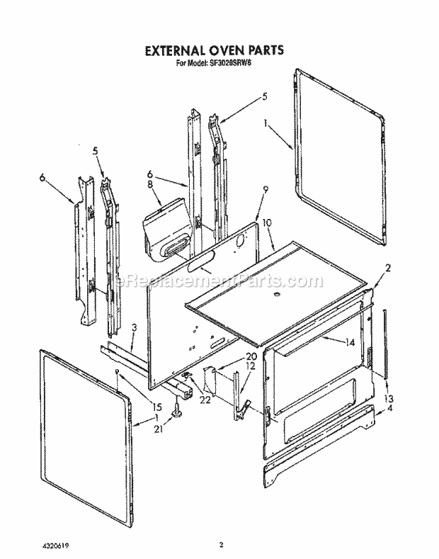 Whirlpool SF3020SRW6 Freestanding Gas Range External Oven Diagram