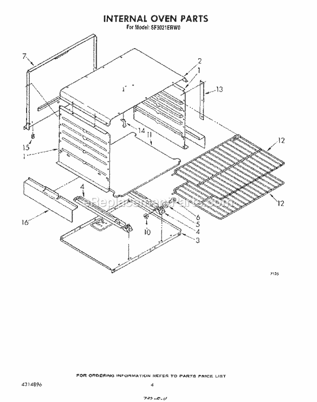 Whirlpool SF3021ERW0 Gas Range Internal Oven Diagram